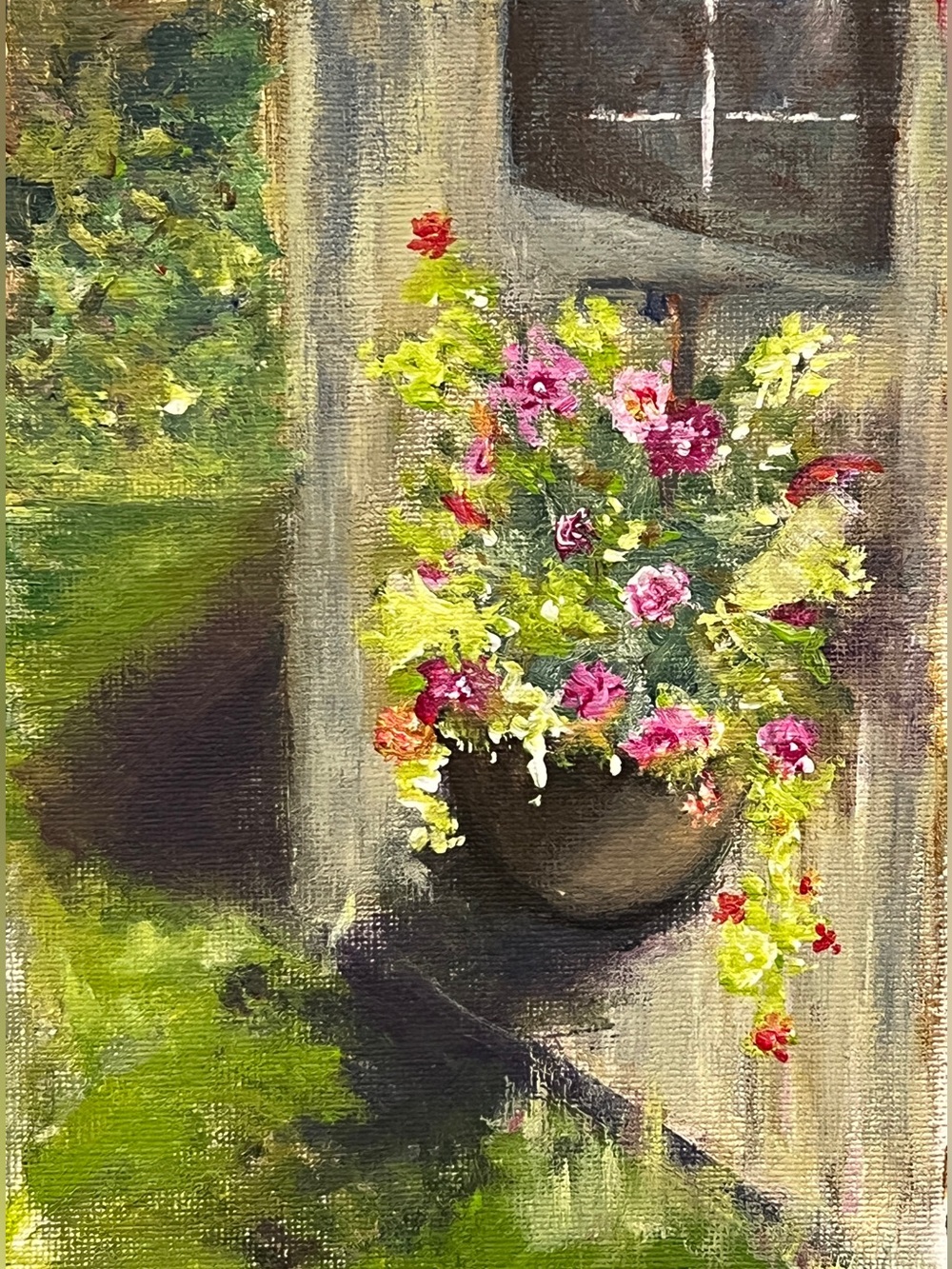 Original hand painted pink flowers hanging basket wooden shed art